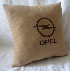 Подушка Opel бежевая вышивка коричневая